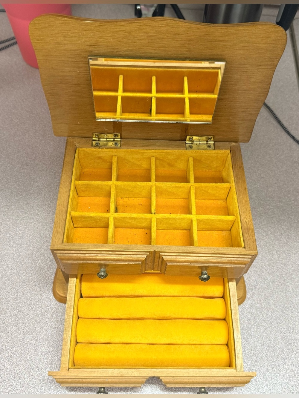 Vintage Wooden Jewelry Organizer Box with Yellow Velvet Lining